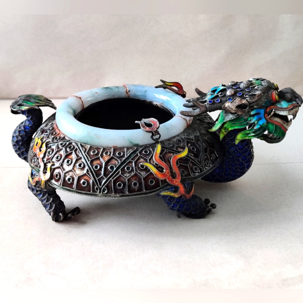 Chinese Export Dragon Ashtray Sterling Silver Enamel Jade Rim 332gr